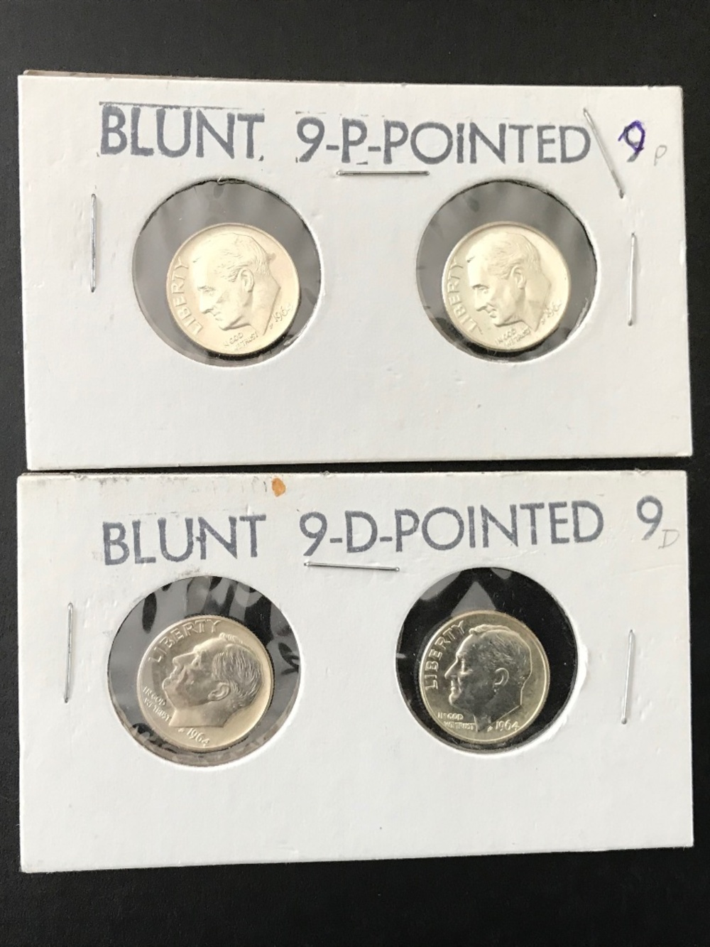 Two Sets 1964 Roosevelt 90% Silver Dimes, 1P & 1D, Blunt & Pointed 9s, AU, ? FBs